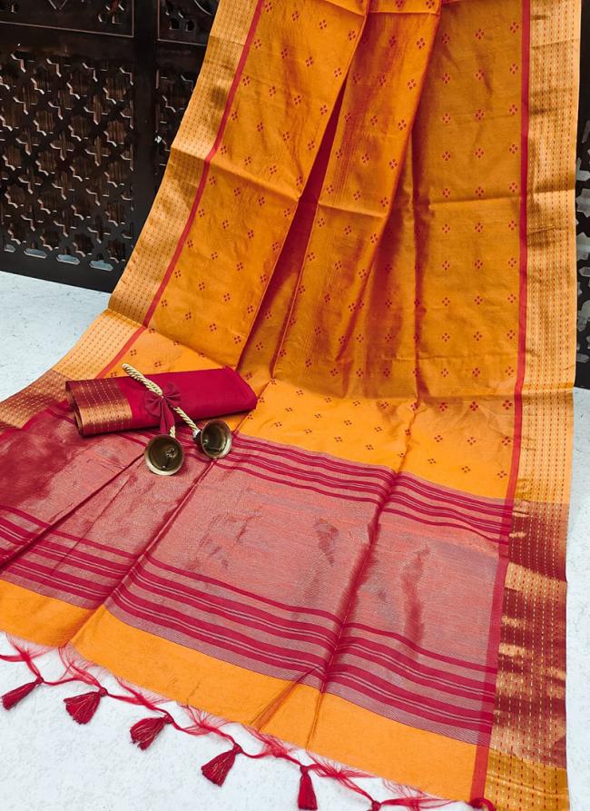 Tussar Silk Orange Festival Wear Weaving Saree
